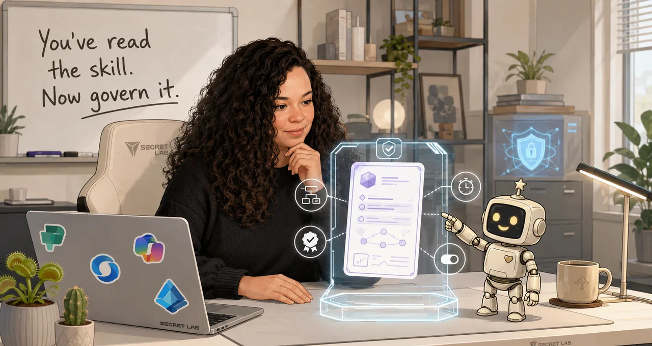 A woman and a robot looking at a governance standard