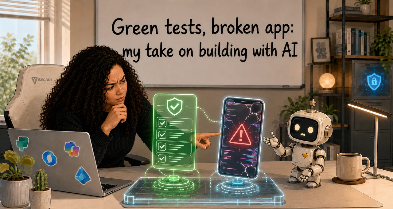 a puzzled woman and her robot wondering why the tests come back green when the app is broken