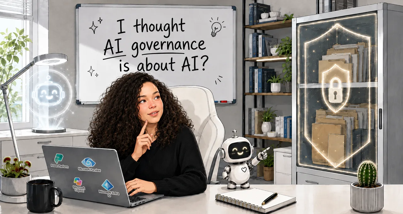 A woman with a thoughtful expression and a robot pointing at a files cabinet